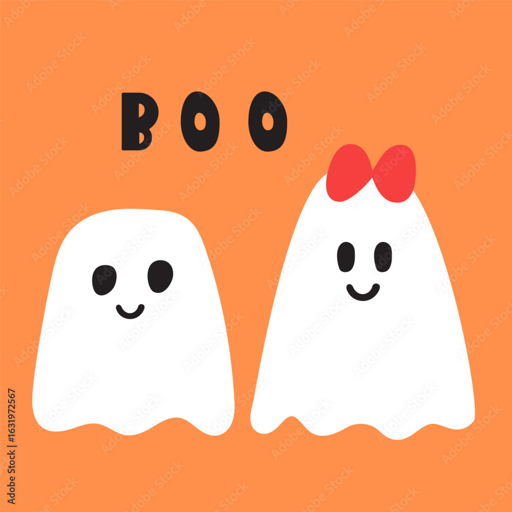Fototapeta premium Boo. Two cute ghosts. Costume on Halloween. Happy ghosts. Flat vector design. Illustration on orange background.