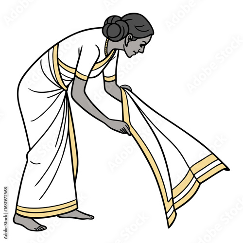Indian woman in traditional white and gold sari adjusting fabric with graceful pose