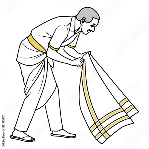 Man in traditional indian attire bending down to hold a white cloth with gold border detail