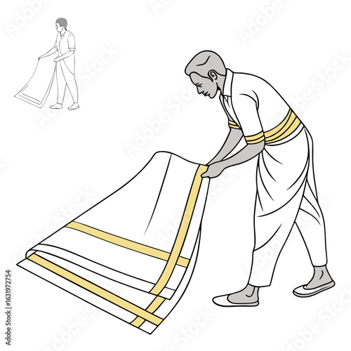 Man in traditional indian attire carefully folding a white dhoti with golden borders on a white background