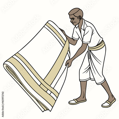 Man in traditional indian attire folding a white and gold striped cloth on a white background