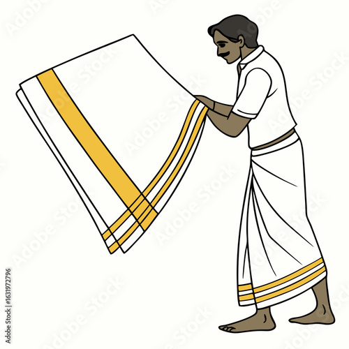 Man in traditional indian attire holding a white dhoti with golden border against a plain background