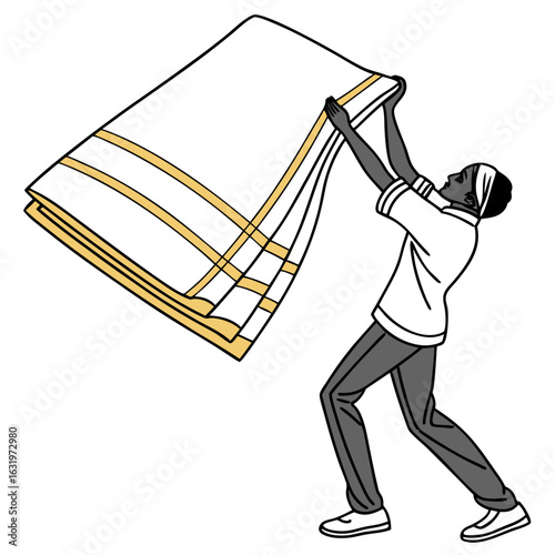 Stylized illustration of a person in dark pants and white shirt holding up a large white folded cloth with yellow stripes