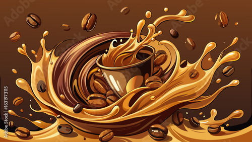 Hot liquid coffee splashes upward in elegant motion. Rich brown tones swirl with energy. Falling coffee beans descend gracefully, creating dynamic rhythm, depth, contrast, and bold visual intensity.