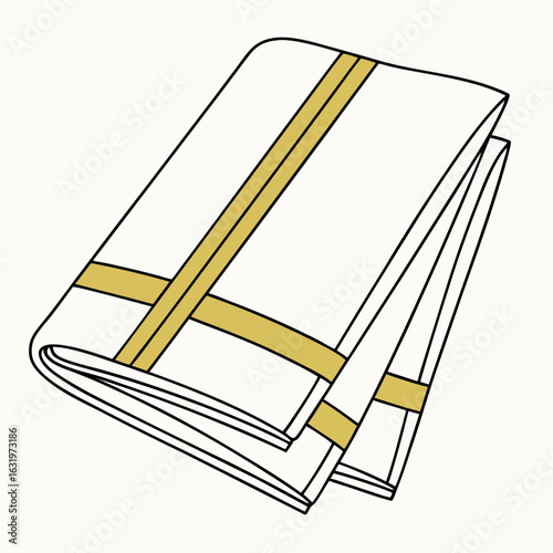 Traditional indian dhoti or mundu garment with gold border folded neatly on a white background