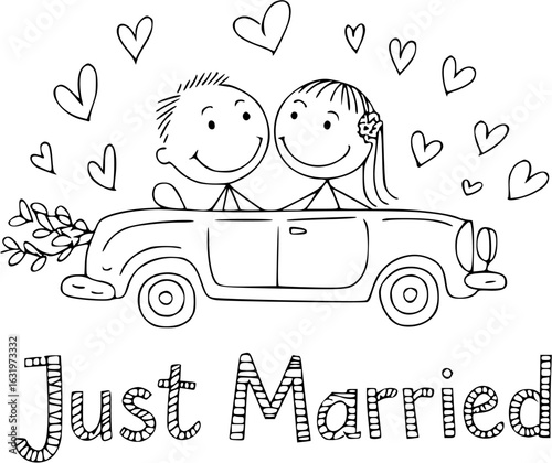Just Married Illustration: A whimsical illustration of a newlywed couple, beaming with joy as they ride off in their charming car, surrounded by floating hearts