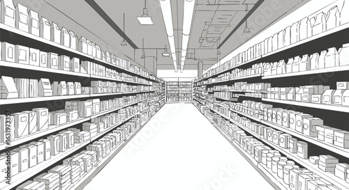 Aisle view of a monochrome supermarket, stocked shelves, products, shopping, perspective.