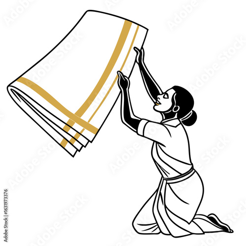 Traditional indian woman in sari kneeling and holding a folded dhoti with golden borders