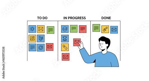 Agile Workflow Illustration: Man Moving Task on Kanban Board with To Do, In Progress, Done Sections