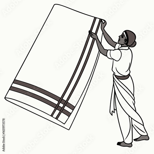 Traditional indian woman wearing a saree holding a white dhoti with dark stripes