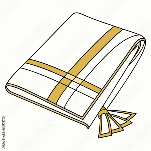 Traditional white dhoti with golden border and tassels folded neatly isolated on a white background