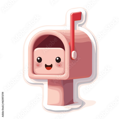 Cute happy cartoon pink mailbox sticker illustration with a smiling face and red flag, ideal for communication or children's themes.