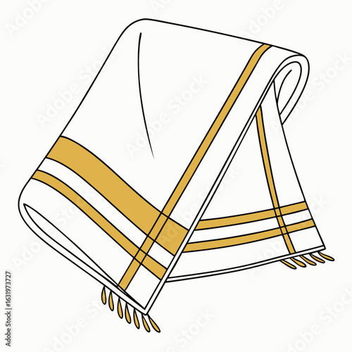 Traditional white dhoti with golden border and tassels folded neatly isolated on white background