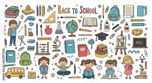 Colorful Back to School Doodle Collection Featuring Students, Books and School Supplies for Educational Designs