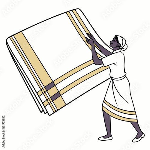 Woman in traditional attire holding a large white fabric with gold and purple stripes