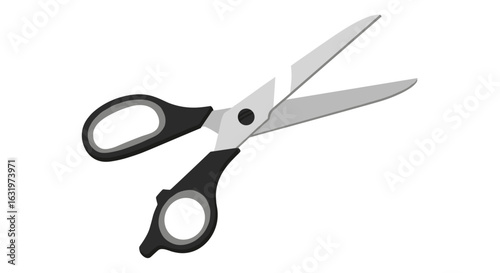 Open scissors illustration against white background with black handle, silver blades ready for cutting tasks.