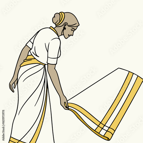 Woman in traditional indian attire a white sari with gold border carefully folding a textile