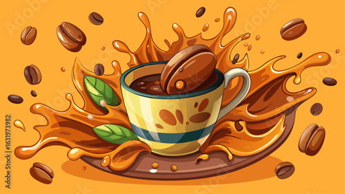 Hot liquid coffee splashes upward in elegant motion. Rich brown tones swirl with energy. Falling coffee beans descend gracefully, creating dynamic rhythm, depth, contrast, and bold visual intensity.