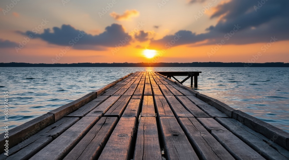 Fototapeta premium Wooden pier extends into the ocean at sunset with dramatic clouds
