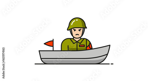 Vector Illustration of Angry Soldier in Boat with Flag on White Background