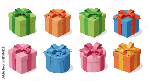 Colorful Isometric Gift Boxes: A Festive Collection for Celebrations and Special Occasions, Perfect for Design and Marketing.
