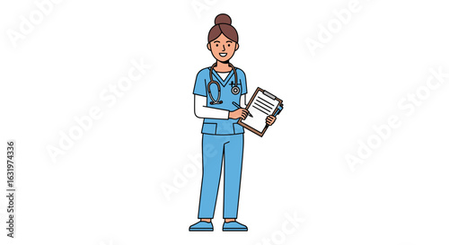 Friendly Cartoon Nurse Holding Clipboard Isolated on White Background, Perfect for Medical or Healthcare Projects.