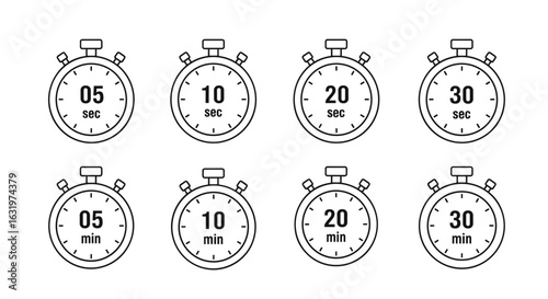 Stopwatch Seconds and Minutes Countdown Icons Displaying Different Time Intervals for Projects or Educational Materials