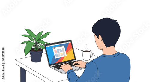 Man Working on Laptop with Colorful Screen Next to Coffee and Plant