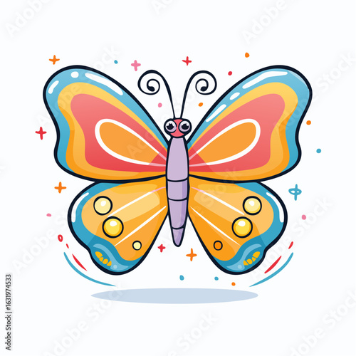 Cartoon Butterfly with Colorful Wings and Cute Facial Expression on White Background
