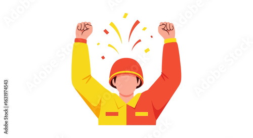 Enthusiastic supporter raising arms amidst confetti celebration isolated