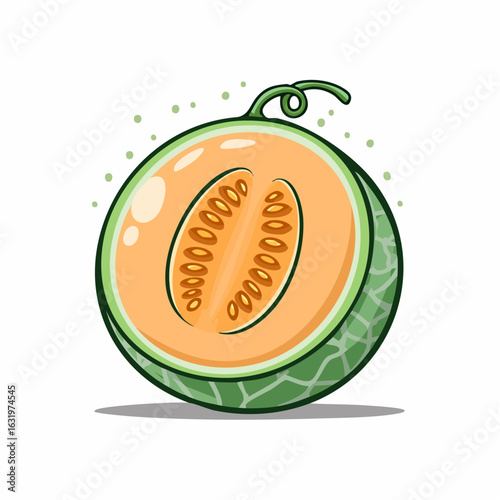 Cartoon illustration of a sliced cantaloupe showcasing its sweet orange flesh and seeds