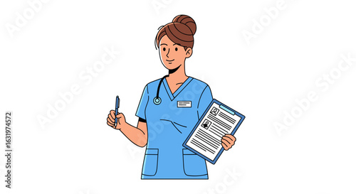 Smiling Nurse with Medical Chart: Healthcare Professional in Blue Scrubs Ready for Patient Care