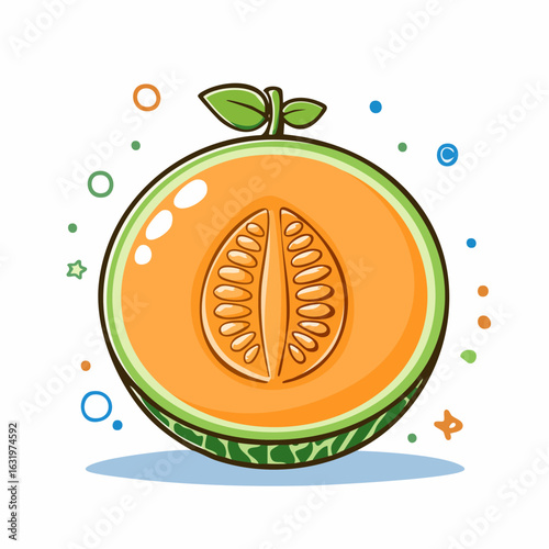Vibrant illustration of a cantaloupe half showcasing its inner flesh and seed arrangement