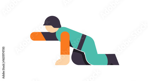 Geometric Construction Worker Crawling Isolated on White Background