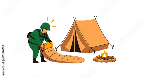 Illustrated soldier prepares for camping overnight in nature scene with bonfire