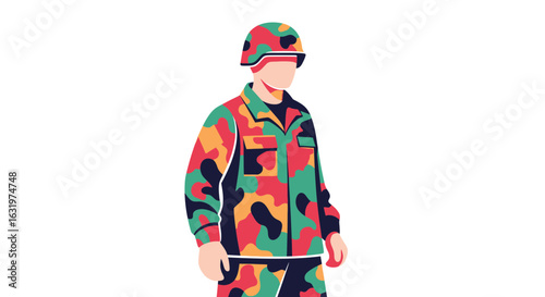 Illustrated soldier stands ready in colorful camouflage uniform graphic