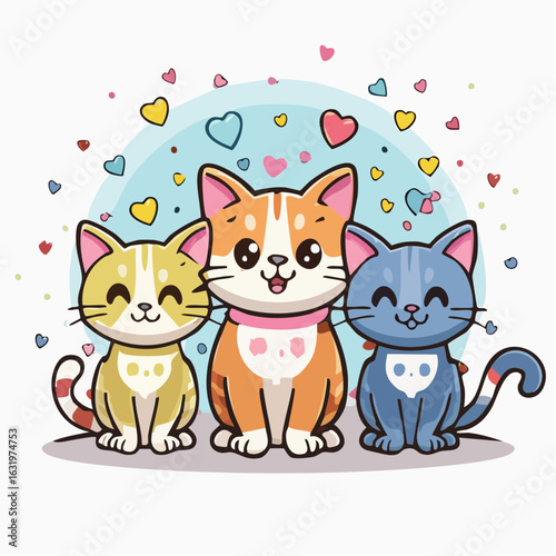 Charming Trio: Adorable cartoon cats surrounded by colorful hearts conveying love and friendship