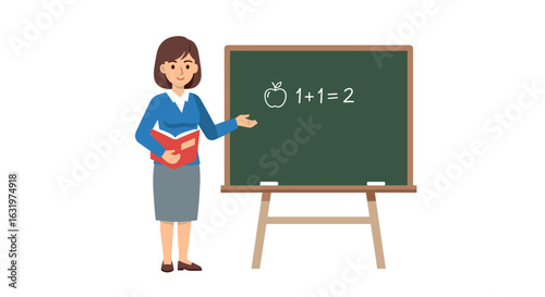 Cartoon teacher explaining basic math on chalkboard, an apple image and the equation 1+1=2 visible