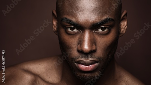 Striking portrait of a Black male model with strong features and dramatic lighting, exuding powerful presence.