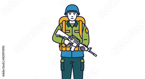 Modern Illustrated Soldier Illustration with Rifle on White Background