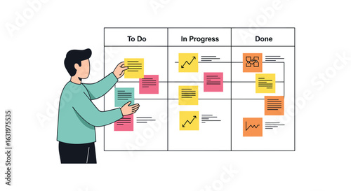 Illustrated man updating tasks on a Kanban board with sticky notes and workflow management.