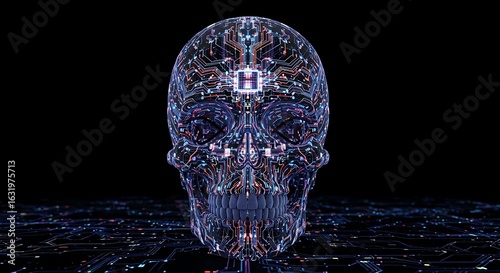 Digital skull design with circuit board pattern.