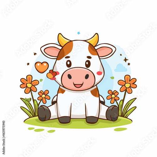 Adorable cartoon cow sitting in a flower field, radiating childlike charm and innocence