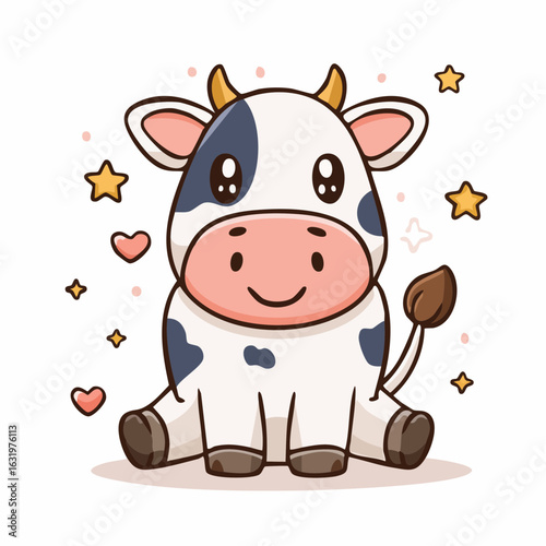 Adorable Cartoon Cow Illustration with Stars and Hearts for Children's Content