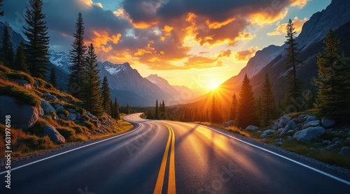Fototapeta Naklejka Na Ścianę i Meble -  Scenic mountain road at sunset with dramatic sky