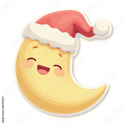 Cute cheerful cartoon crescent moon wearing a Santa hat with rosy cheeks, perfect for festive holiday and childlike designs.