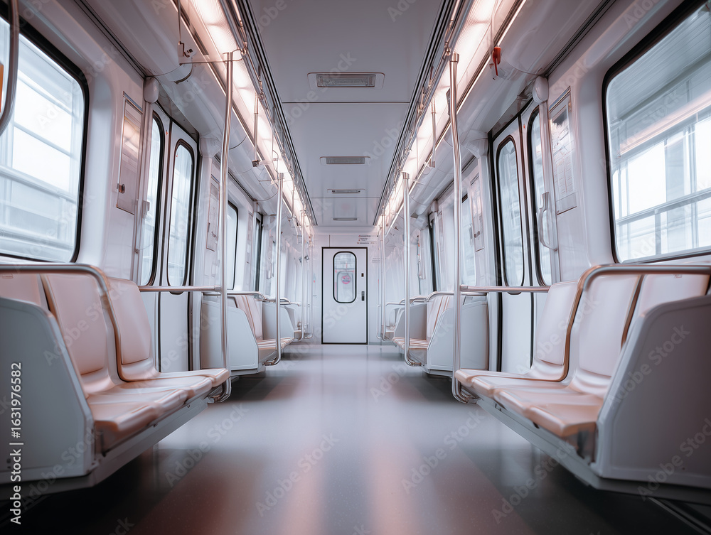 Fototapeta premium Empty subway car waiting for passengers with beige seats and led lighting