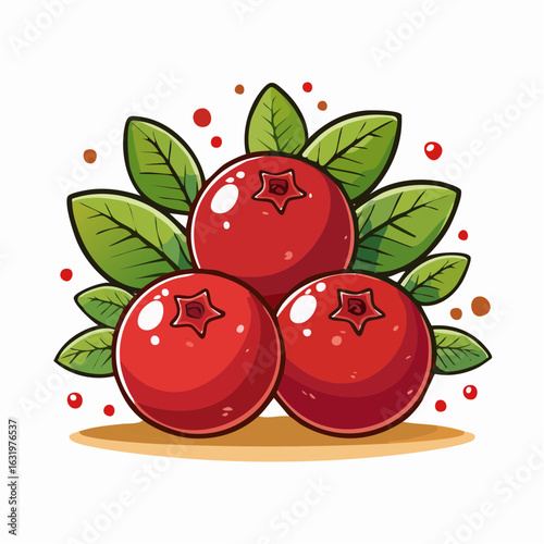 Stylized Cranberries with Green Leaves: A Vibrant and Fresh Fruit Still Life Depiction