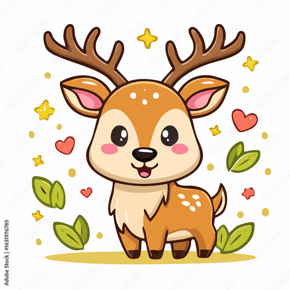 Fototapeta premium Adorable Cartoon Deer Illustration with Hearts Stars and Foliage for Children