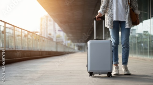 The stylish traveler with a suitcase waiting at the airport terminal.